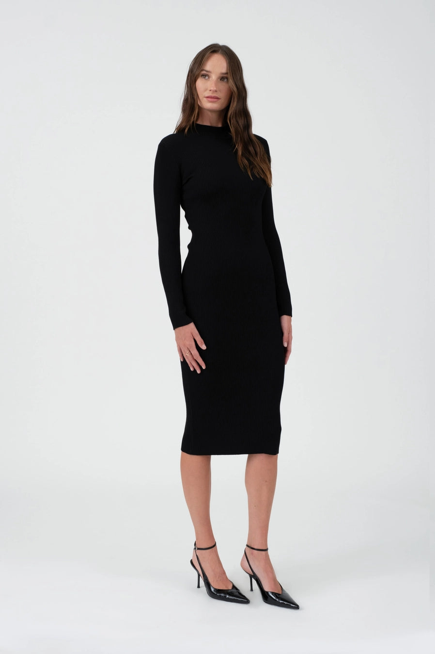 Black Mockneck Long Sleeve Midi Dress