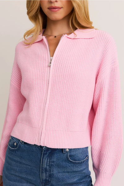 Pink Collared Zip Up Sweater