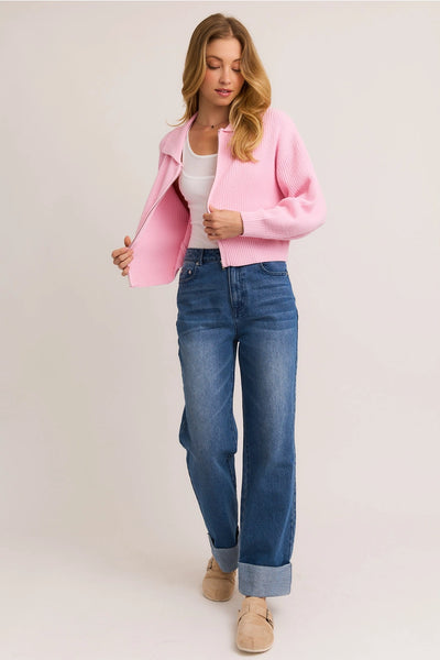 Pink Collared Zip Up Sweater