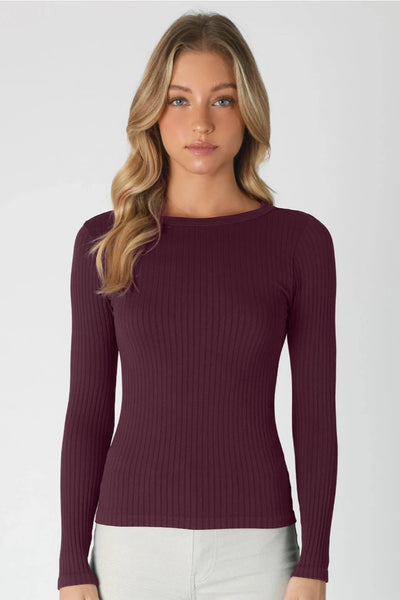 Wine Ribbed Long Sleeve Top