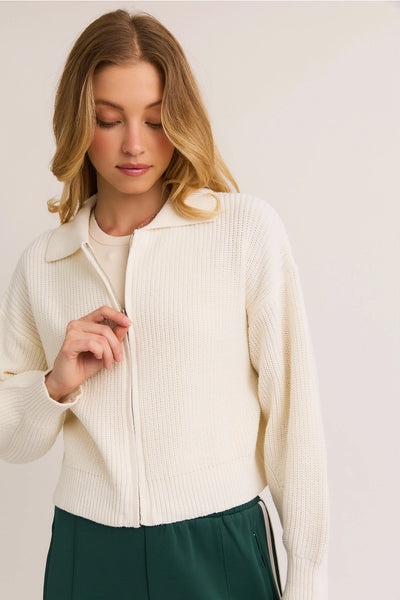 Ivory Collared Zip Up Sweater