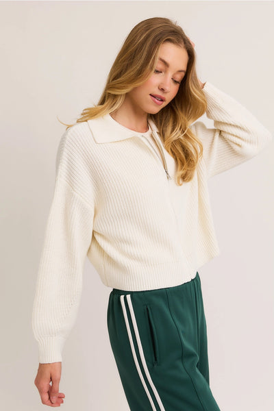 Ivory Collared Zip Up Sweater