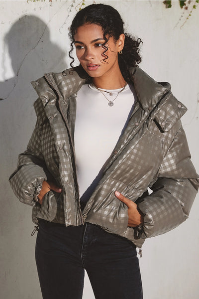 Mocha Grey Plaid Puffer Jacket