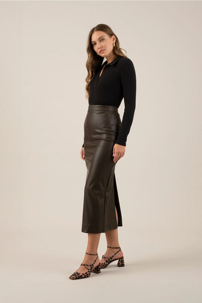 Brown Faux Leather Midi Skirt