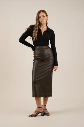 Brown Faux Leather Midi Skirt