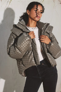 Mocha Grey Plaid Puffer Jacket