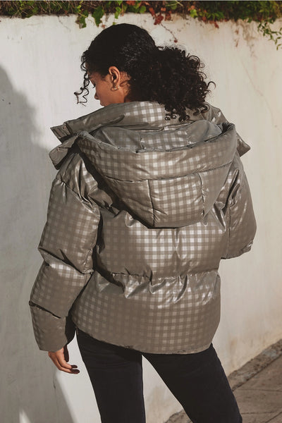 Mocha Grey Plaid Puffer Jacket