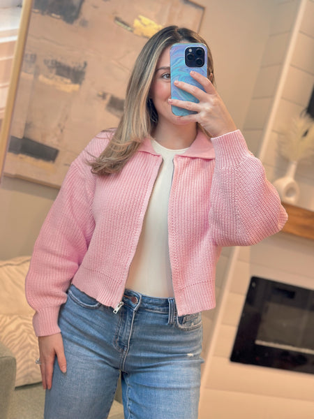 Pink Collared Zip Up Sweater