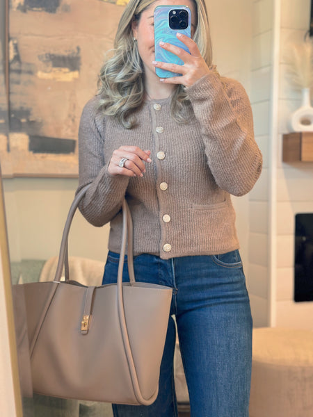 Taupe Knit Cardigan Sweater