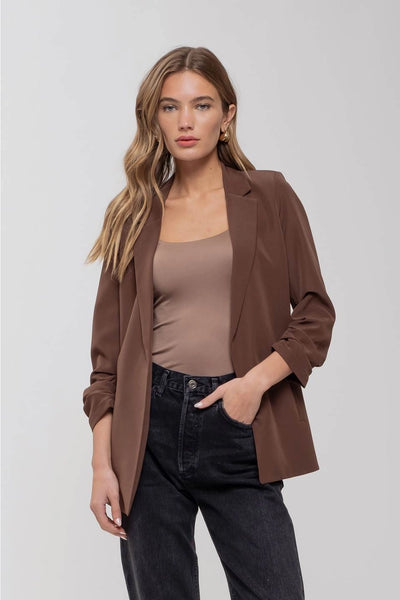 Chocolate Brown Ruched Sleeve Blazer